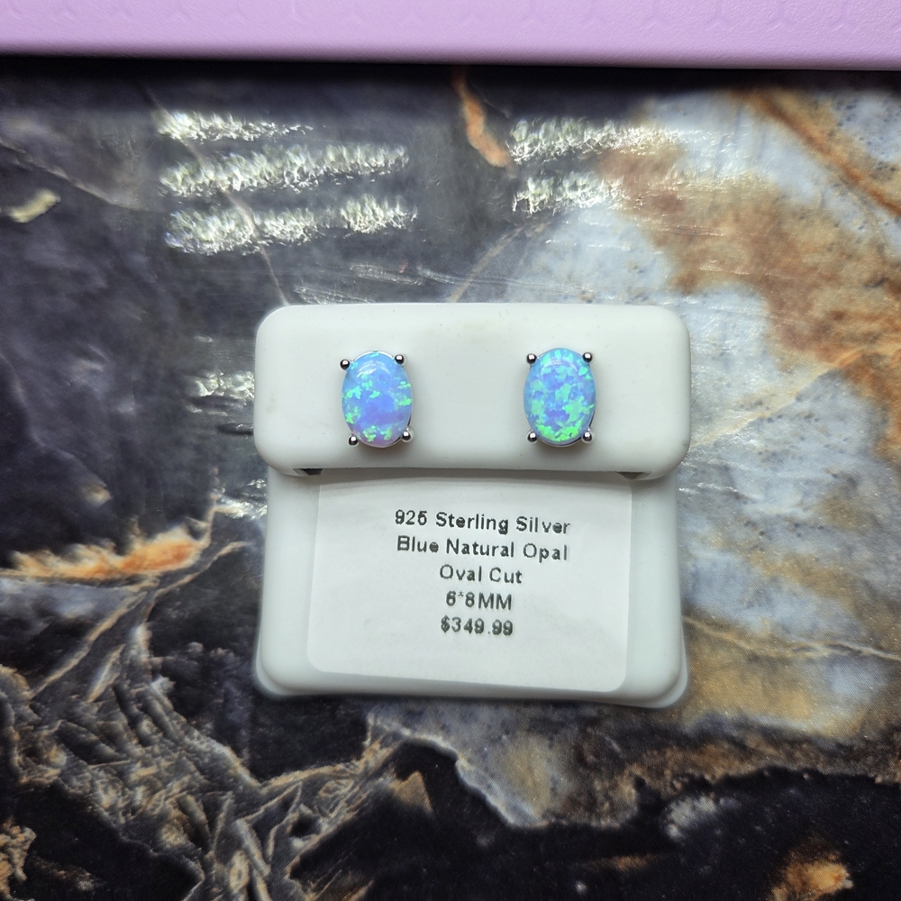 Blue Opal Oval Sterling Silver Stud Earrings - Natural Blue Opal
